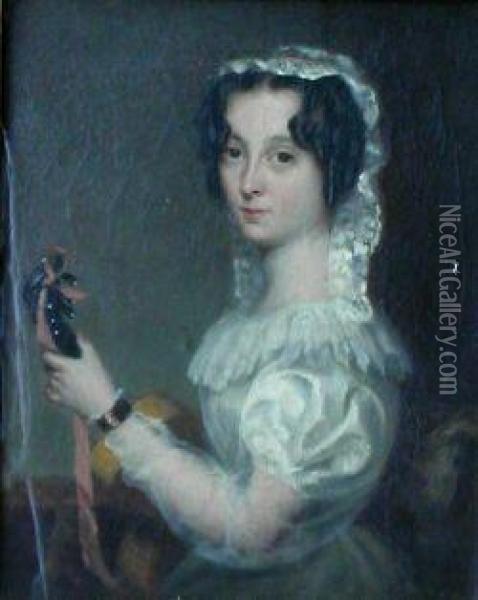Lady Dressed In White Holding A Guitar (note - Not Violin) Oil Painting - John Graham Gilbert