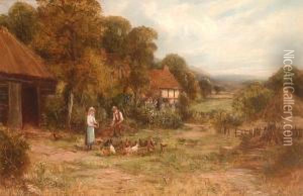 Feeding The Chickens; And A Companion Oil Painting - Robert John Hammond