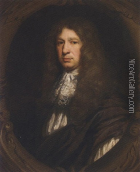 Portrait Of Sir John Streynsham Master In Brown Robes Oil Painting - John Riley