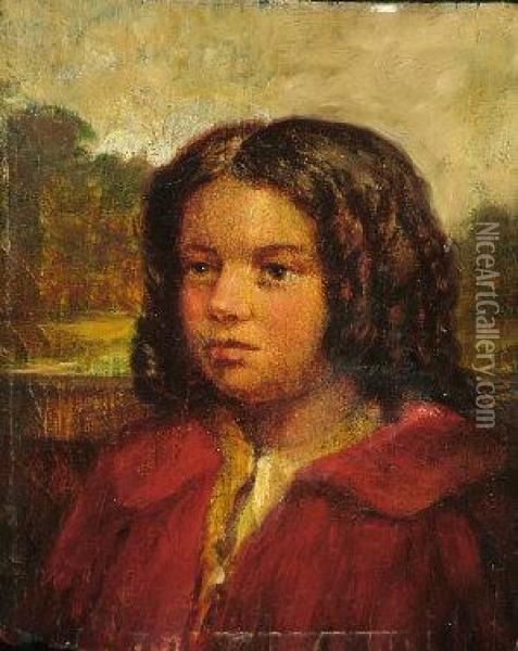 A Bust Portrait Of A Small Girl Wearing A Red Coat And A Landscape In The Background Oil Painting - Joseph Knight