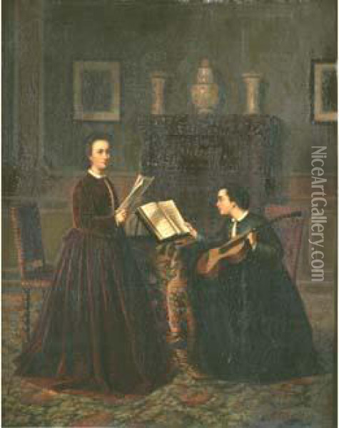 Deux Femmes Musiciennes Dans Un Salon. Oil Painting - Aime Stevens