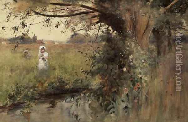 Collecting flowers by the Stream Oil Painting - Hector Caffieri