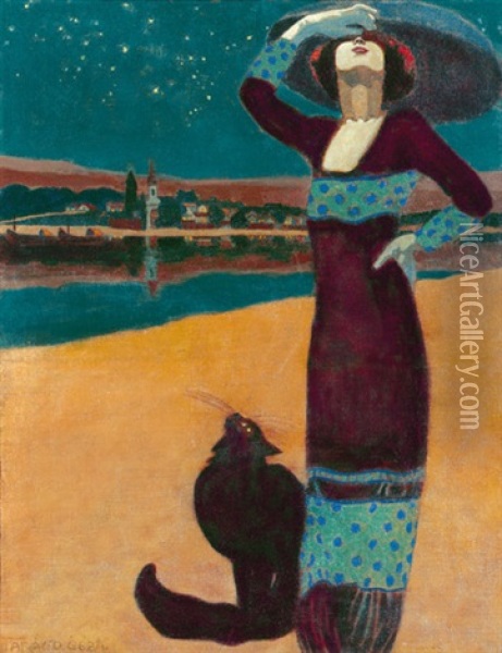 Woman With Cat Oil Painting - Geza Farago