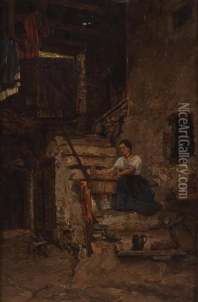 Junge Frau Auf Der Treppe Mit Waschzuber Oil Painting - Wilhelm Gause