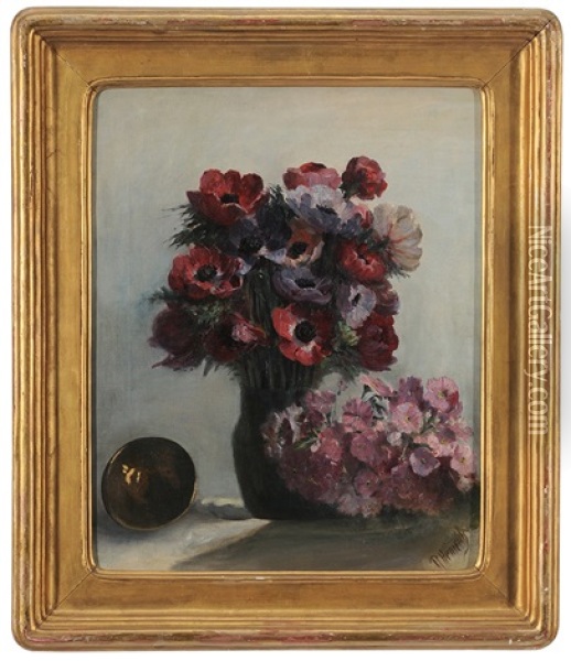 Still Life With Vase Of Anemones Oil Painting - Robert Heinrich