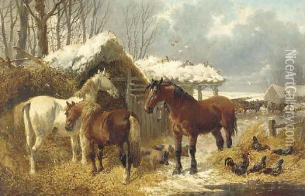 A Winter Landscape With Horses In A Barnyard Oil Painting - John Frederick Herring Snr