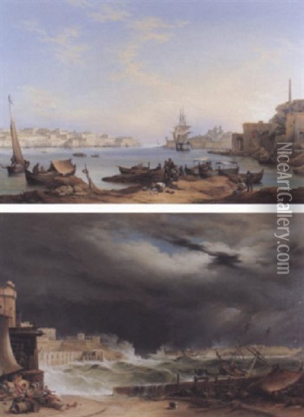 View Of Grand Harbour, Valetta From Corradino Oil Painting - Giovanni Jean Schranz