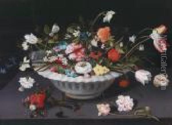 A Still Lifeof Flowers In An Earthenware Dish On A Table Oil Painting - Jan Brueghel the Younger