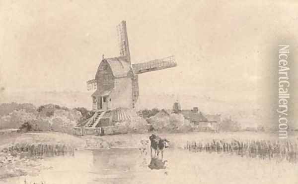 Cattle watering by a windmill on Dulwich Common Oil Painting - David Cox