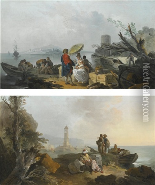 A Young Couple Resting By A Harbor; A Smoker Resting By A Harbor Oil Painting - Francesco Giuseppe Casanova