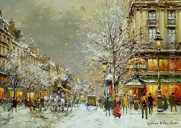 Boulevard des Capucines et Cafe de la Paix en Hiver Oil Painting - Agost Benkhard