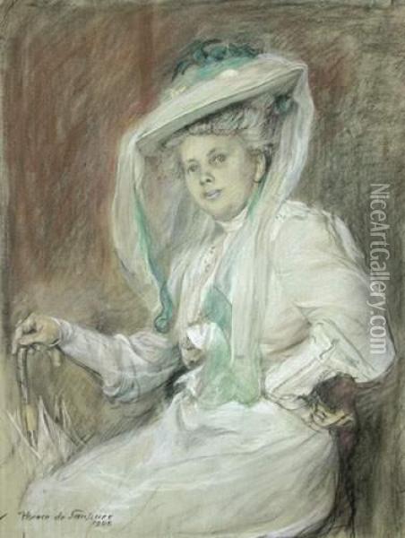 Portrait De Femme A L'ombrelle Oil Painting - Horace De Saussure