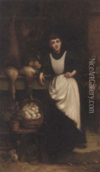 A Young Kitchen Maid In A Doorway With Dead Game, Eggs And Vegetables Oil Painting - Jonathan Pratt