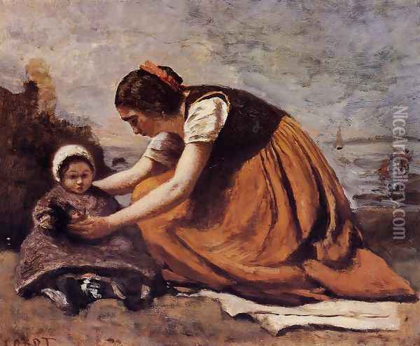 Mother and Child on the Beach Oil Painting - Jean-Baptiste-Camille Corot