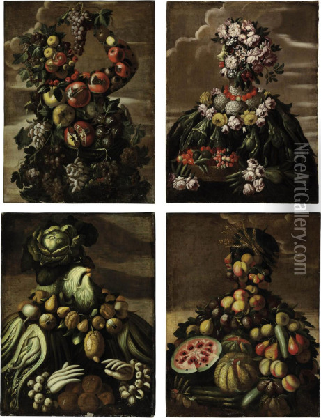 Four Anthropomorphic Figures: An Allegory Of The Four Seasons Oil Painting - Giuseppe Arcimboldo