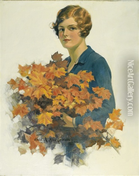 Woman With Autumn Foliage Bouquet Oil Painting - Charles Archibald Maclellan