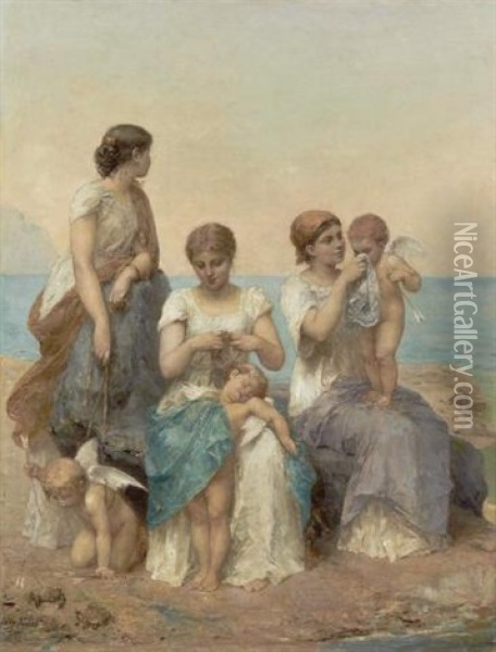 Minding The Children Oil Painting - Jean-Ernest Aubert