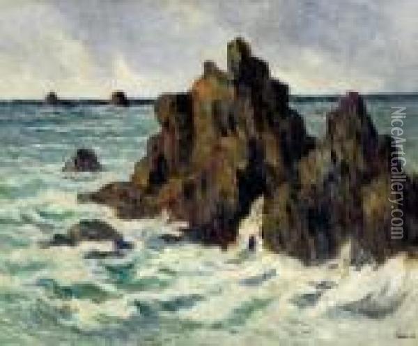 Rochers Dans La Mer De Kermouster, Vers 1913-1914 Oil Painting - Maximilien Luce