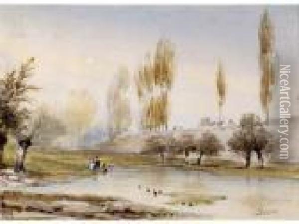 Au Bord Du Lac. Oil Painting - Ciceri, Eugene