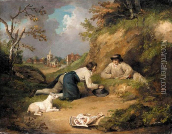 Two Men Hunting Rabbits With Their Dog, A Village Beyond Oil Painting - George Morland