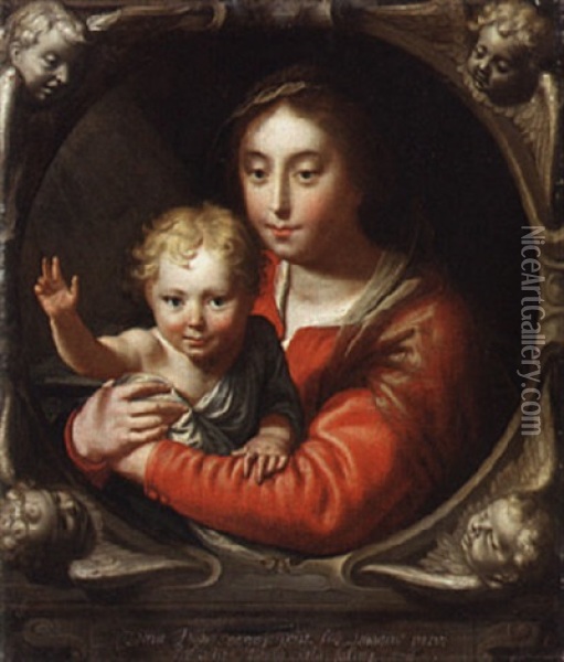 The Virgin And Child In A Feigned Stone Cartouche With Cherubs Oil Painting - Paulus Moreelse