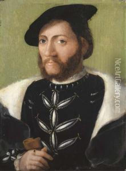 Portrait Of A Bearded Gentleman,
 Half-length, In A Black Velvet Doublet With A Fur-lined Cloak And Black
 Cap, Holding A Glove In His Right Hand Oil Painting - Corneille De Lyon