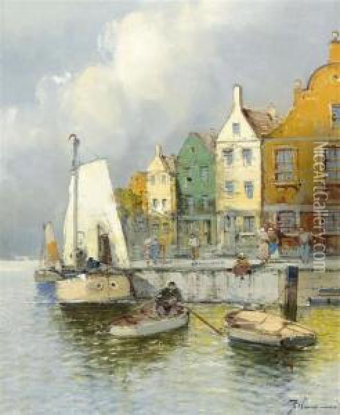 A Dutch Harbour View Oil Painting - Georg Fischof