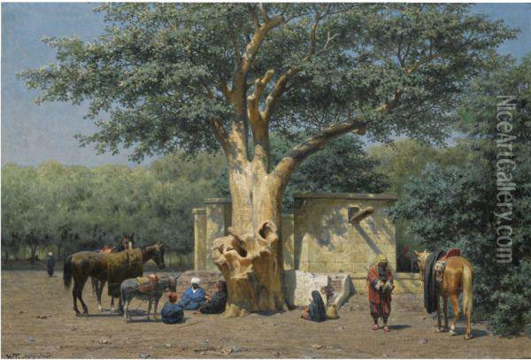 The Well And Sycamore In Ezbekieh Square, Cairo Oil Painting - Willem De Famars Testas