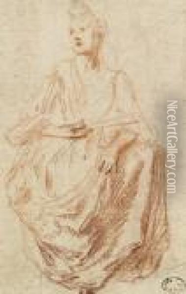 Une Femme Assise Tenant Un Eventail Oil Painting - Watteau, Jean Antoine