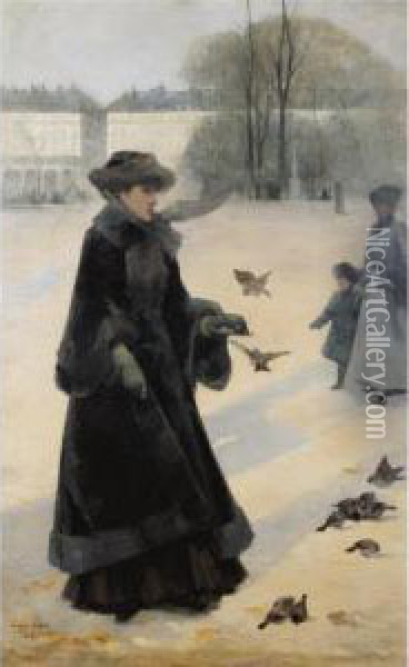 Winter Morning In The Tuileries Gardens, Paris Oil Painting - Jean Eugene Clary