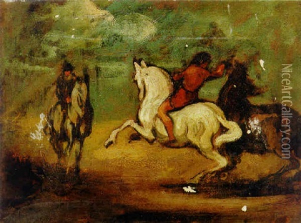 Deux Cavaliers Avec Chevaux Oil Painting - Honore Daumier