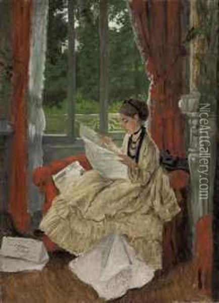 Reading A Newspaper Oil Painting - James Jacques Joseph Tissot