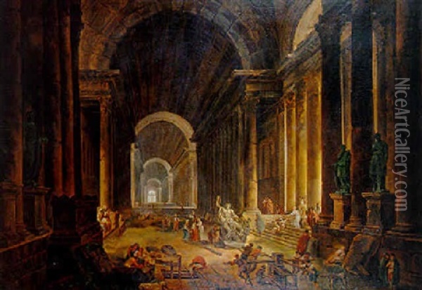 L'arrivee De La Statue Du Lacoon Dans La Grande Galerie Du Vatican Oil Painting - Hubert Robert