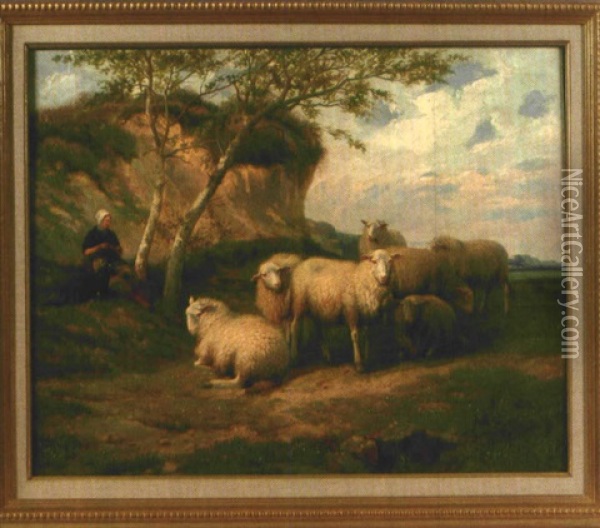 Schafhirtin Mit Hirtenhund Bei Ihrer Herde Oil Painting - Jef Louis Van Leemputten