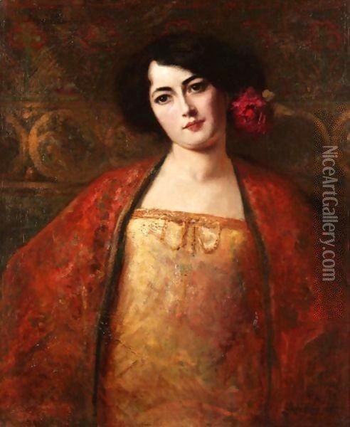 Portrait Of A Lady In A Red Shawl Oil Painting - Benjamin Jean Joseph Constant