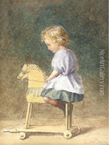 A Young Child Wearing A Striped Smock Sitting On A Woodenhorse Oil Painting - Walter Louis Bromley
