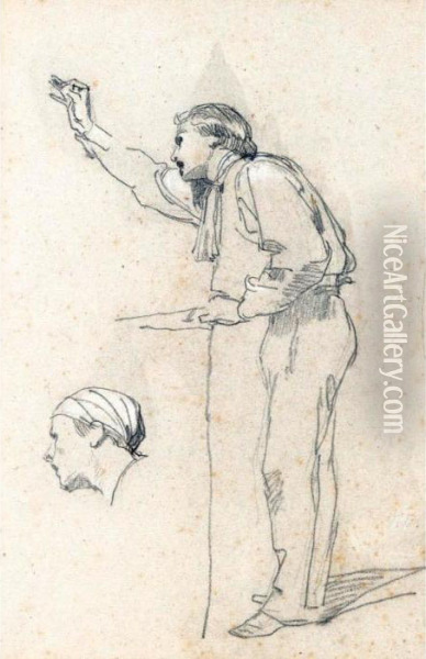 Study Of A Standing Man Seen 
From The Side With One Arm Raised, And Another Study Of A Male Head Oil Painting - Thomas Couture