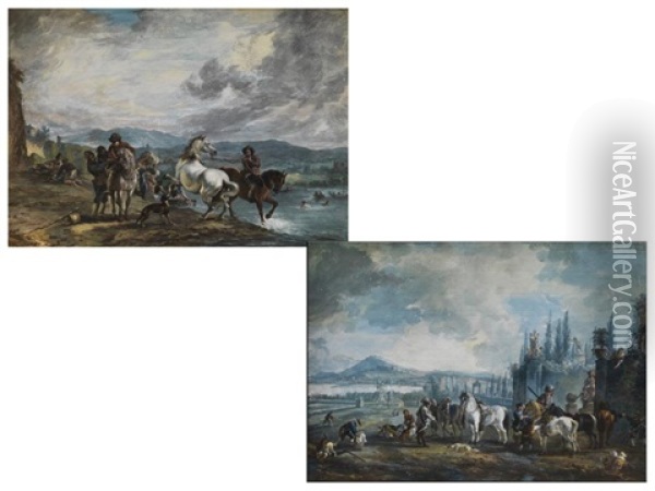 Reiter Mit Pferden An Einem Flussufer Bei Der Pferdeschwemme (+ Landschaft Mit Figurendarstellung; Pair) Oil Painting - Carel van Falens