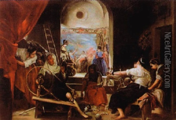 Fileuses Dans Un Interieur Oil Painting - Pierre Ribera