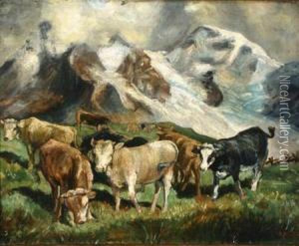 Cows Grazing In A Mountainous Landscape Oil Painting - Joseph-Rene Verdier