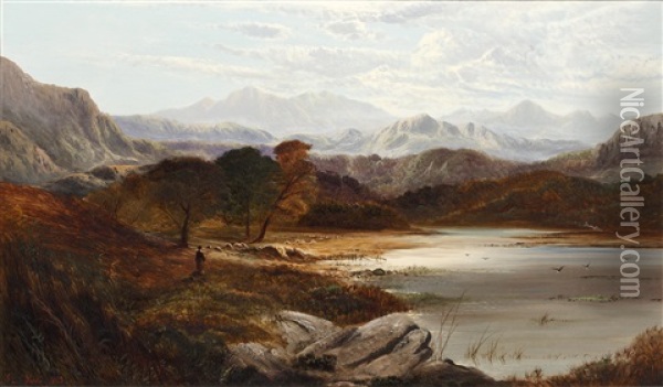 Highland Loch Scene With Farmer And Sheep On The Bank Oil Painting - Charles Leslie