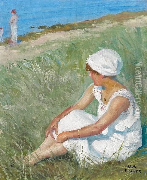 Beach Scenery With Young Girl. Signed Paul Fischer Oil Painting - Paul-Gustave Fischer