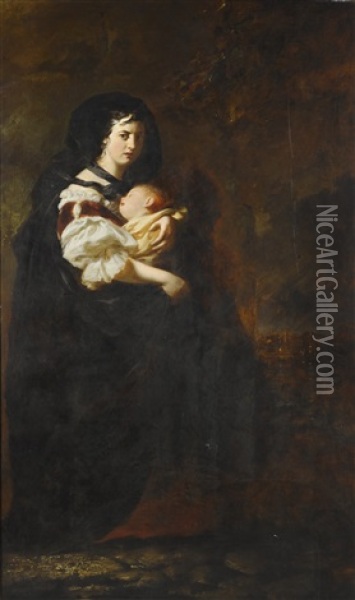 Mother And Child Fleeing By Night Oil Painting - Sir Francis Grant