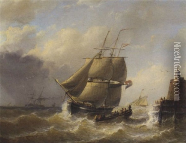 A Tallship On Choppy Water By A Lighthouse Oil Painting - Christian Cornelis Kannemans