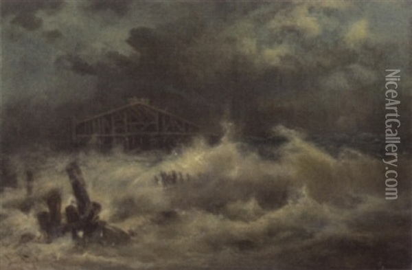 Brighton Beach With The Wreck Of The Seidler Concert Pavillion Oil Painting - James (Thomas J.) Northcote