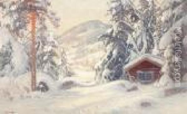 Vinterlandskap Med Snotackt Hus. Signerad. Duk, 57x93 Oil Painting - Carl Brandt