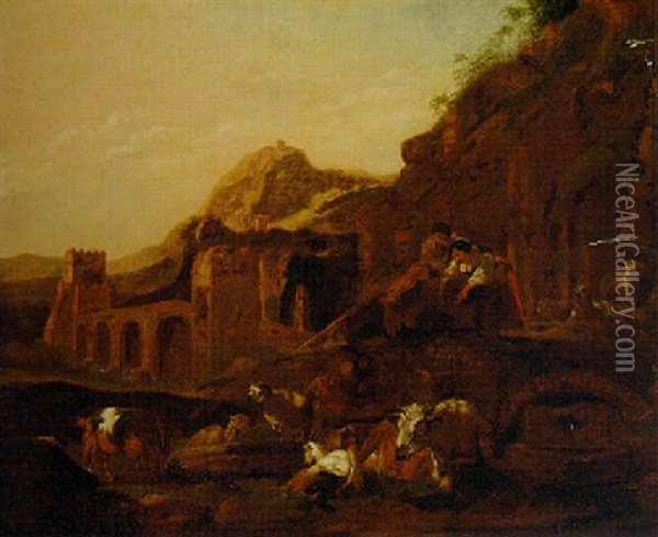 An Italianate Landscape With A Shepherd And Shepherdess Amongst Ruins Oil Painting - Johann Heinrich Roos
