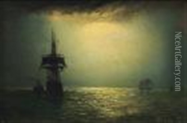 Shipping On Calm Seas By A Buoy Under A Moonlit Sky Oil Painting - William Adolphus Knell