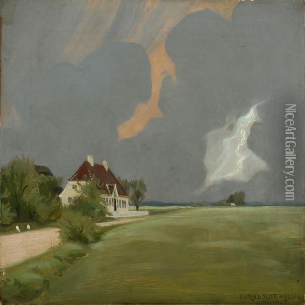 Landscape With Lightning Oil Painting - Harald Slott-Moller