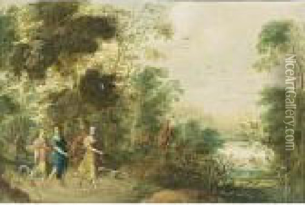 Lanen, A Wooded Landscape With Three Huntresses And Their Hounds On A Path Oil Painting - Jasper van der Lamen